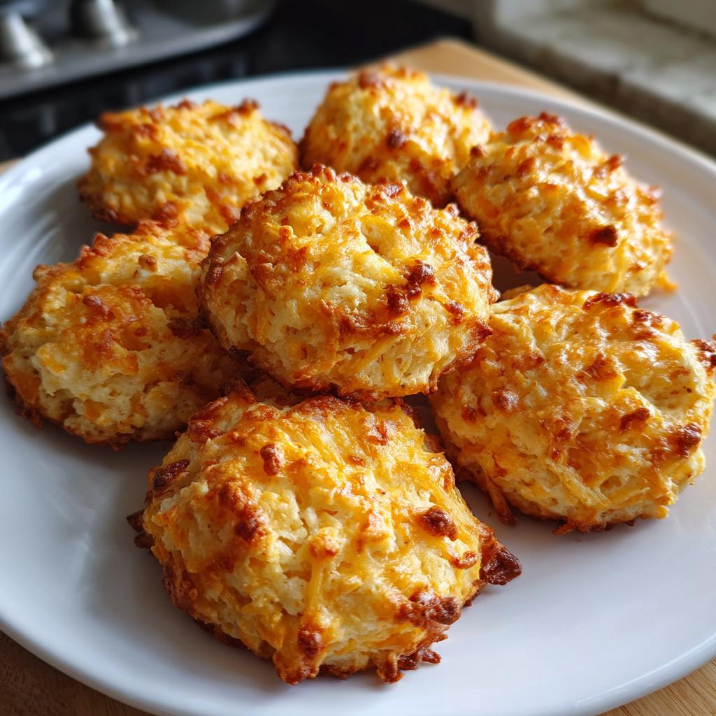 A plate of golden-brown Amazing Cheese & Turkey Biscuits for Dogs, showing a fluffy texture and melted cheese.