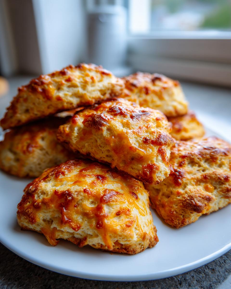 A stack of golden-brown Amazing Cheese & Turkey Biscuits for Dogs, topped with melted cheese.