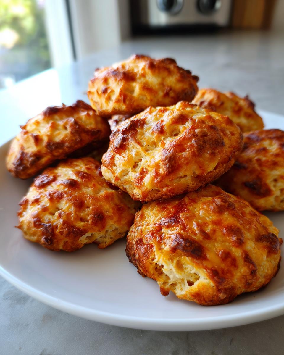 A pile of golden-brown Amazing Cheese & Turkey Biscuits for Dogs on a white plate.