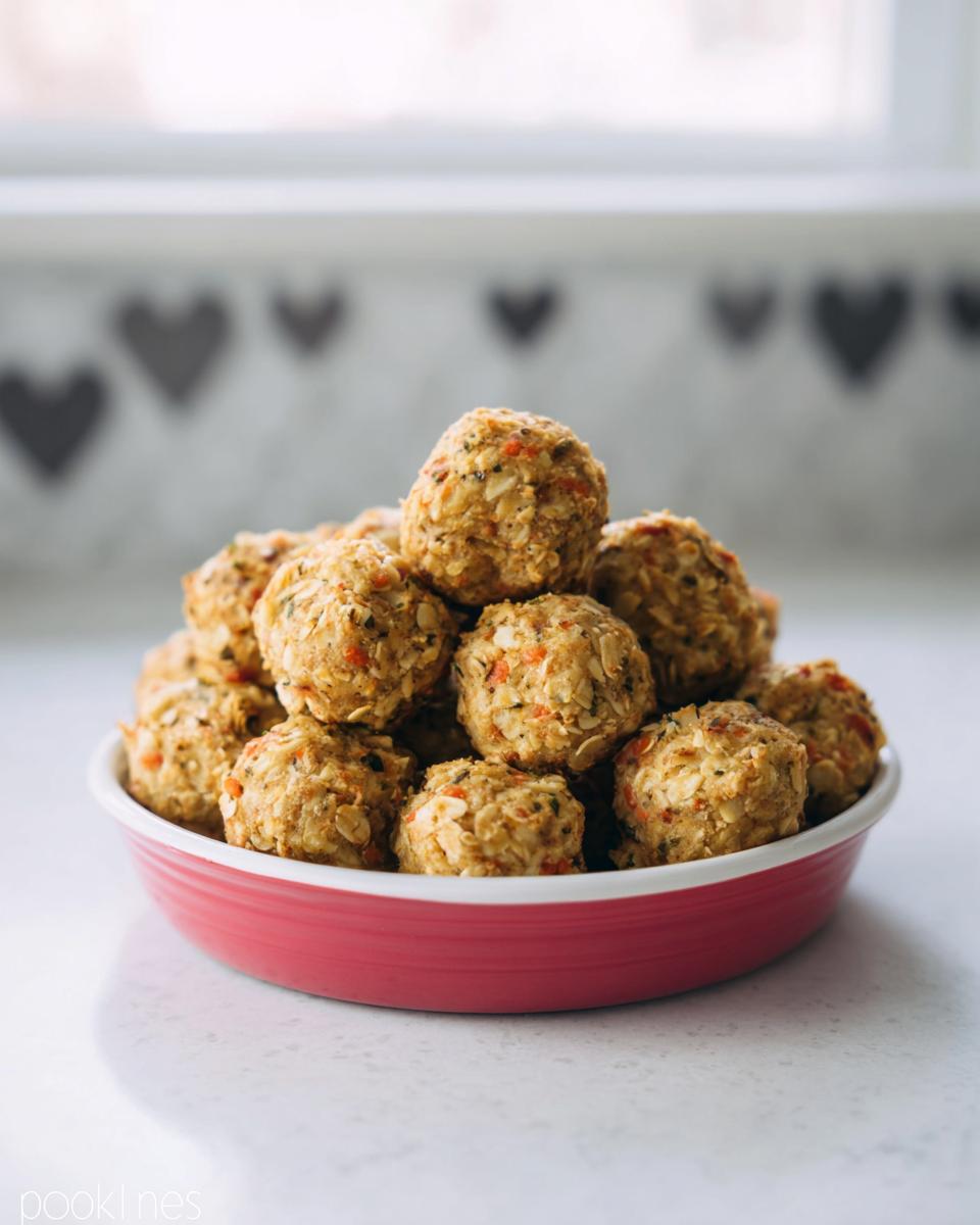 A bowl filled with Delicious Meatballs for Dogs, made with oats and visible bits of carrot.