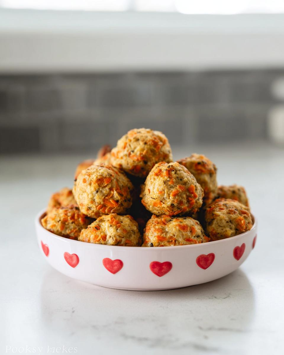 A bowl filled with delicious meatballs for dogs, made with visible shredded carrots and herbs.