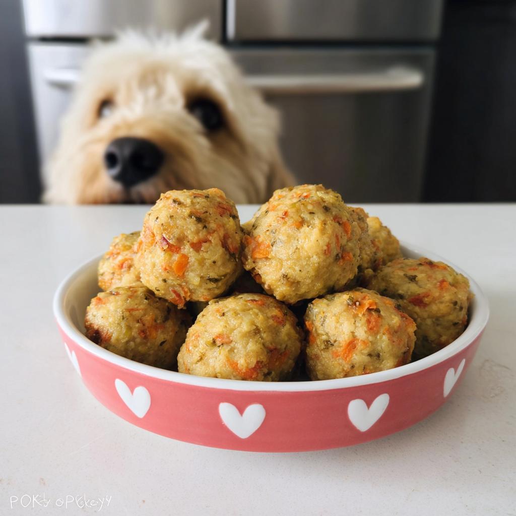 A bowl of delicious meatballs for dogs, with a curious dog looking on from the background.