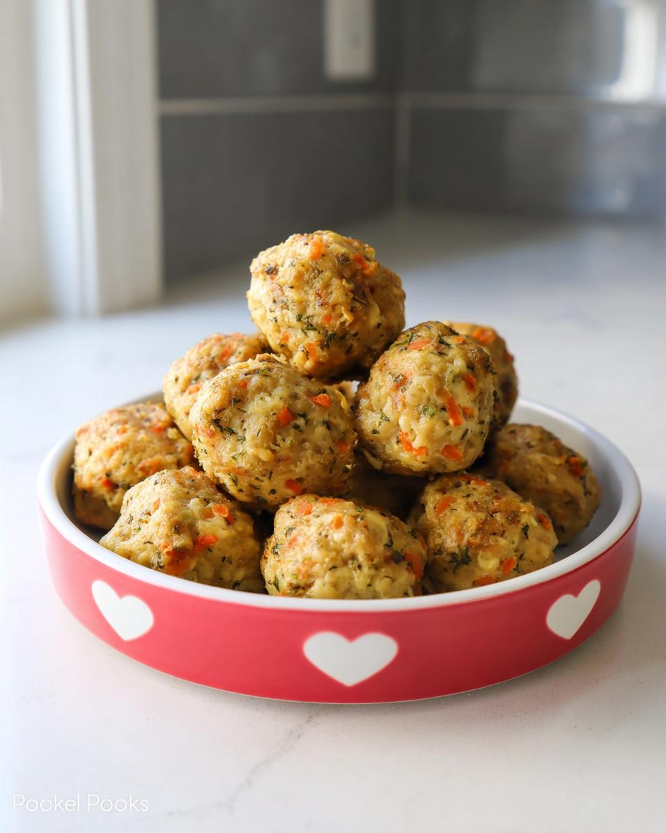 A bowl of delicious meatballs for dogs, made with visible bits of carrots and herbs.
