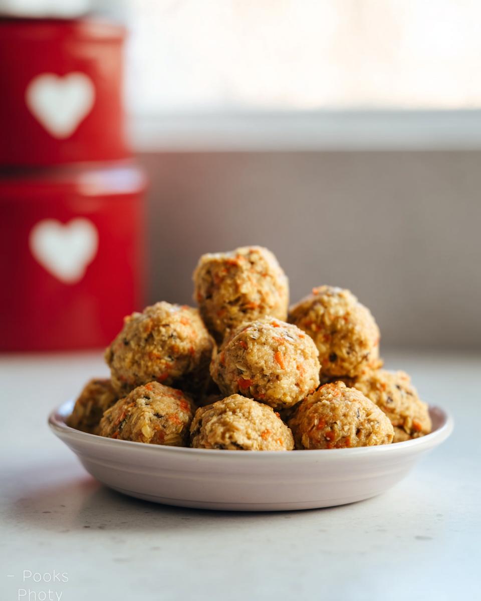A pile of delicious meatballs for dogs in a light pink bowl, made with visible shredded carrots.