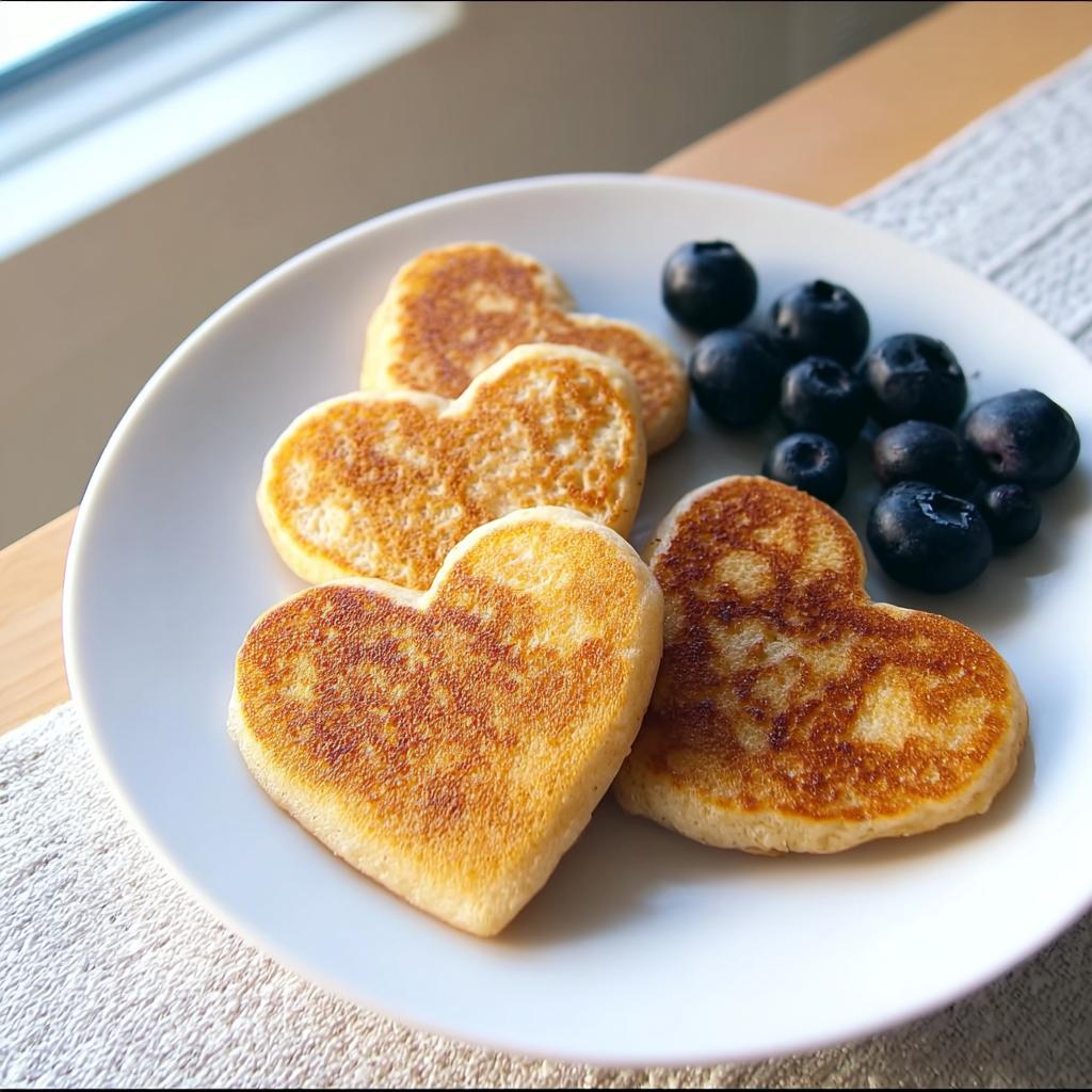 Close-up of heart-shaped homemade dog pancakes served with blueberries on a white plate.