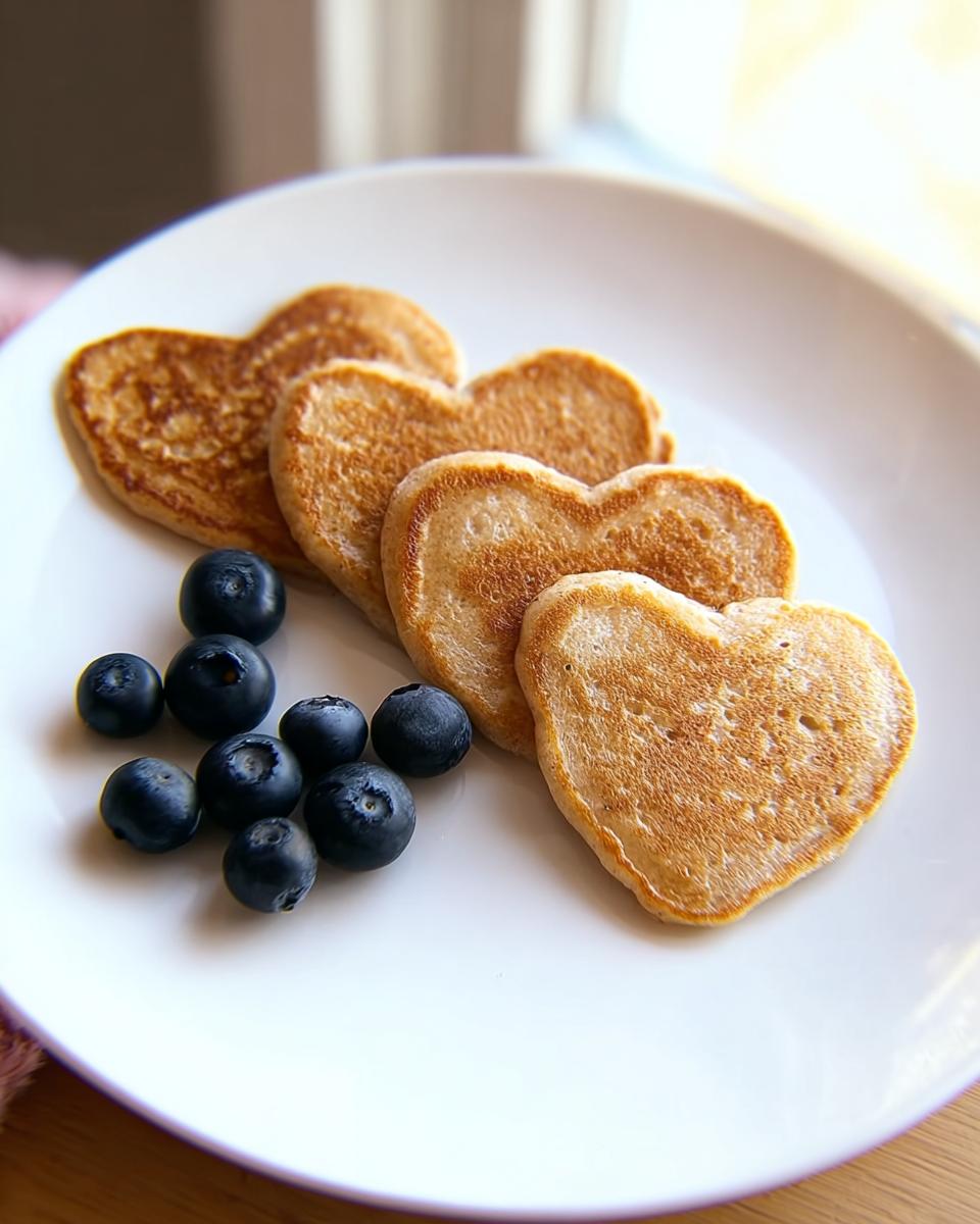 Heart-shaped homemade dog pancakes served on a white plate with fresh blueberries.