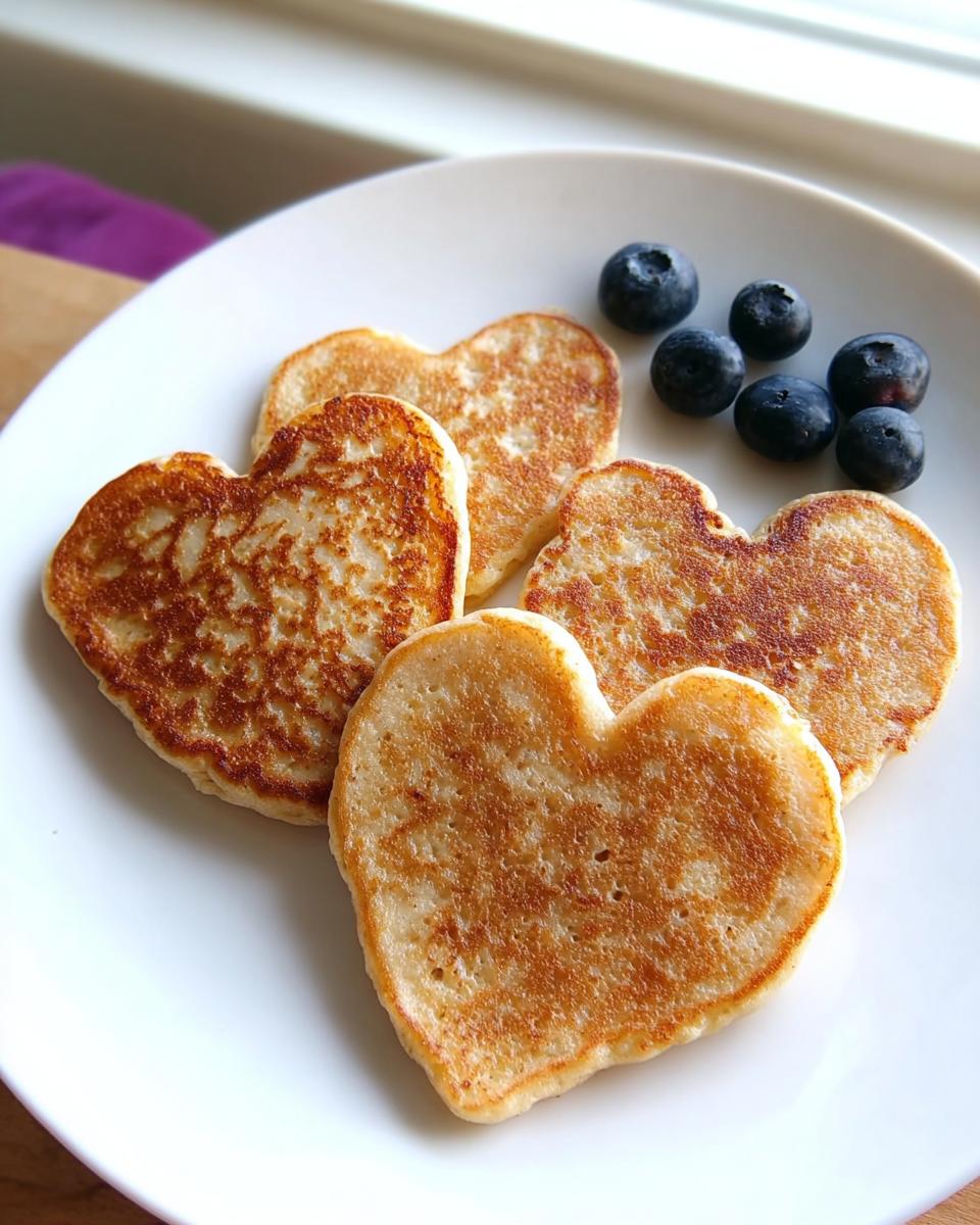 Five heart-shaped homemade dog pancakes served on a white plate with a few blueberries.