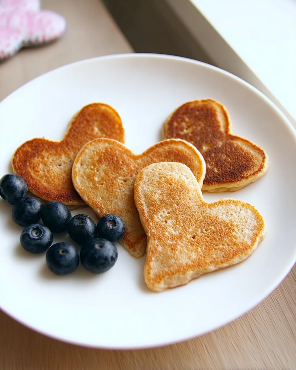A plate of heart-shaped homemade dog pancakes with fresh blueberries.