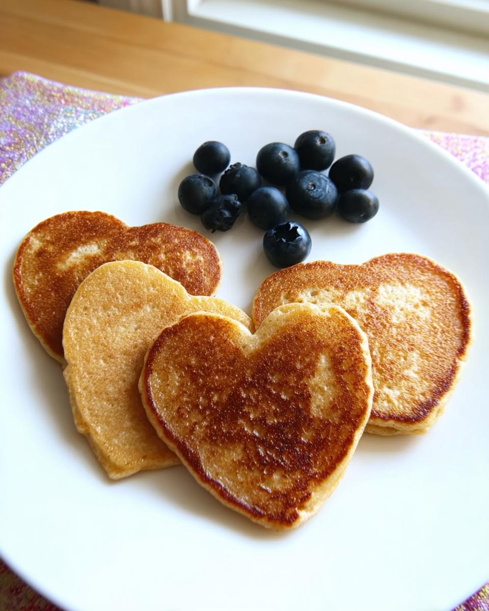 Heart-shaped homemade dog pancakes served with fresh blueberries on a white plate.