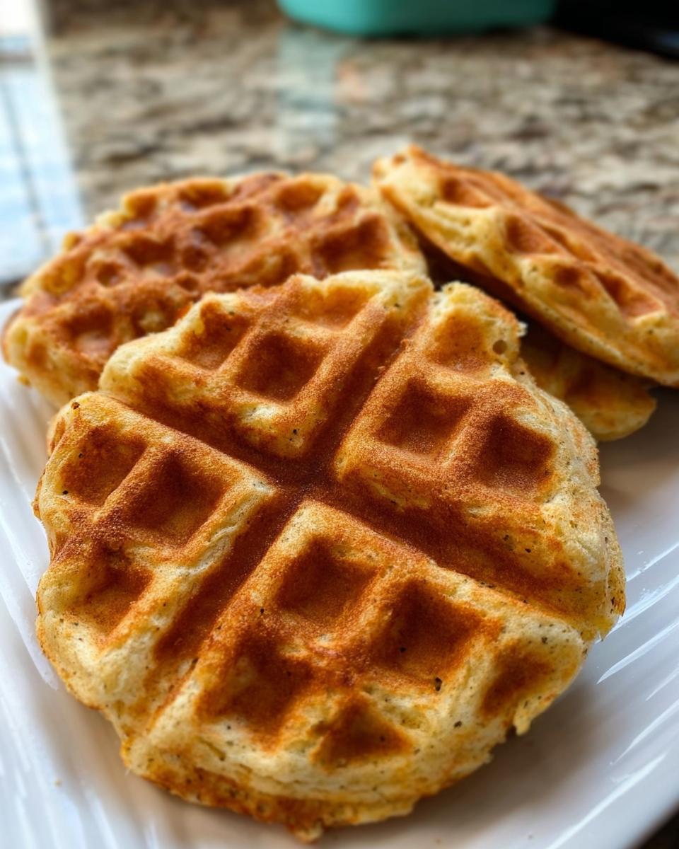 Close-up of golden brown homemade dog waffles stacked on a white plate, ready to be served.