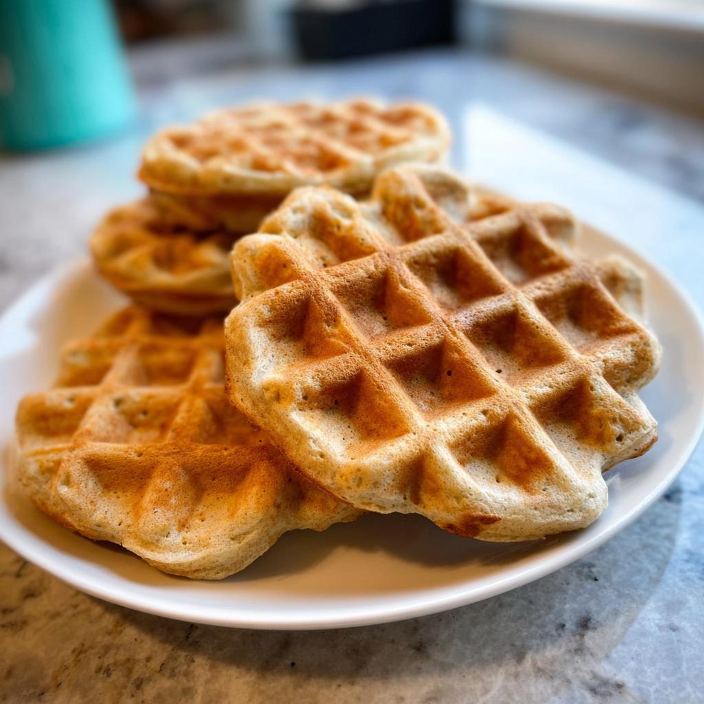 A stack of golden brown homemade dog waffles on a white plate, ready to be served.
