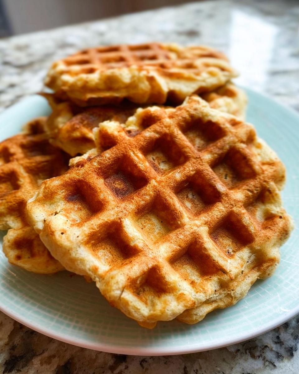 A stack of golden brown homemade dog waffles on a light blue plate.