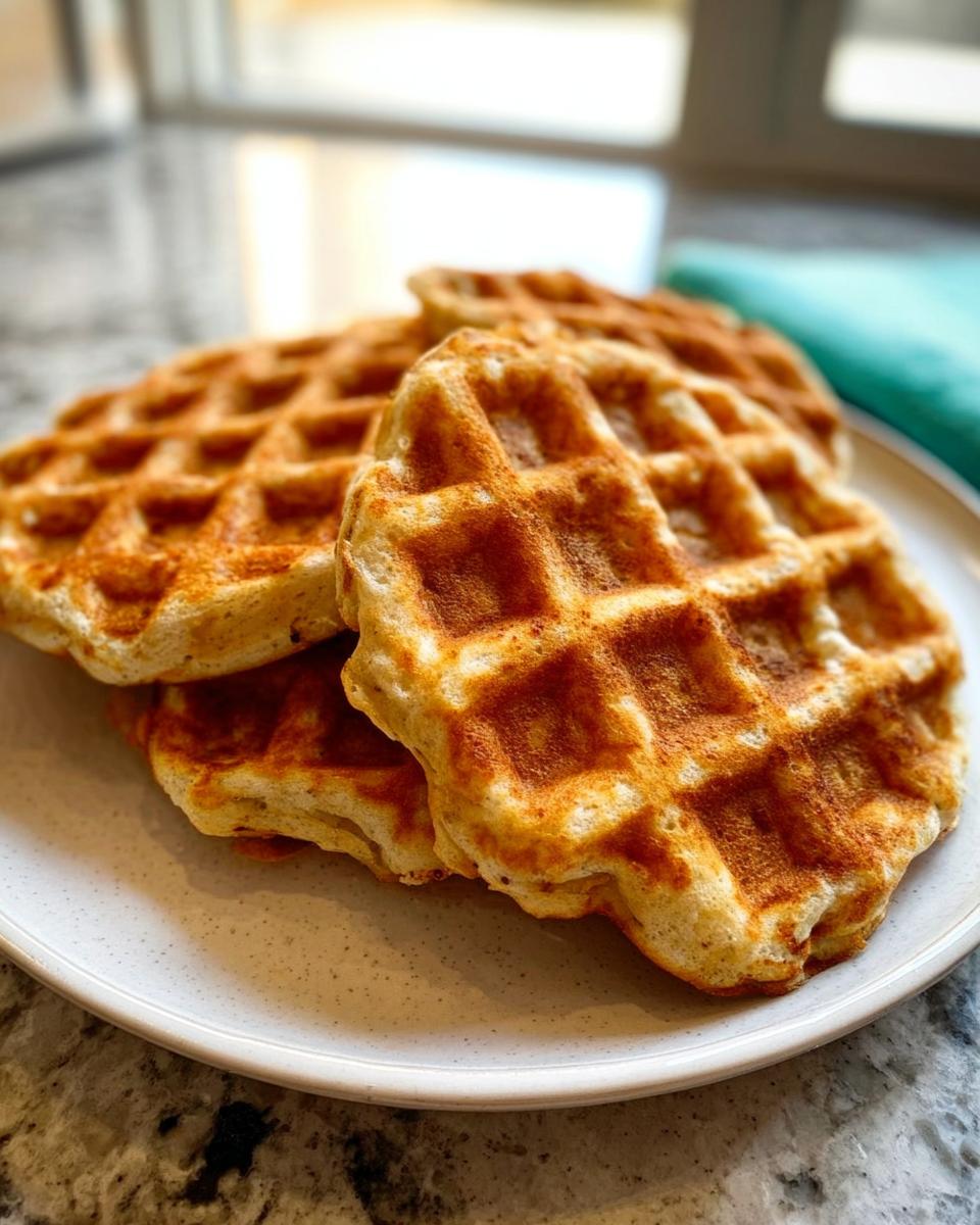 A stack of golden brown homemade dog waffles on a speckled white plate, ready to be served.