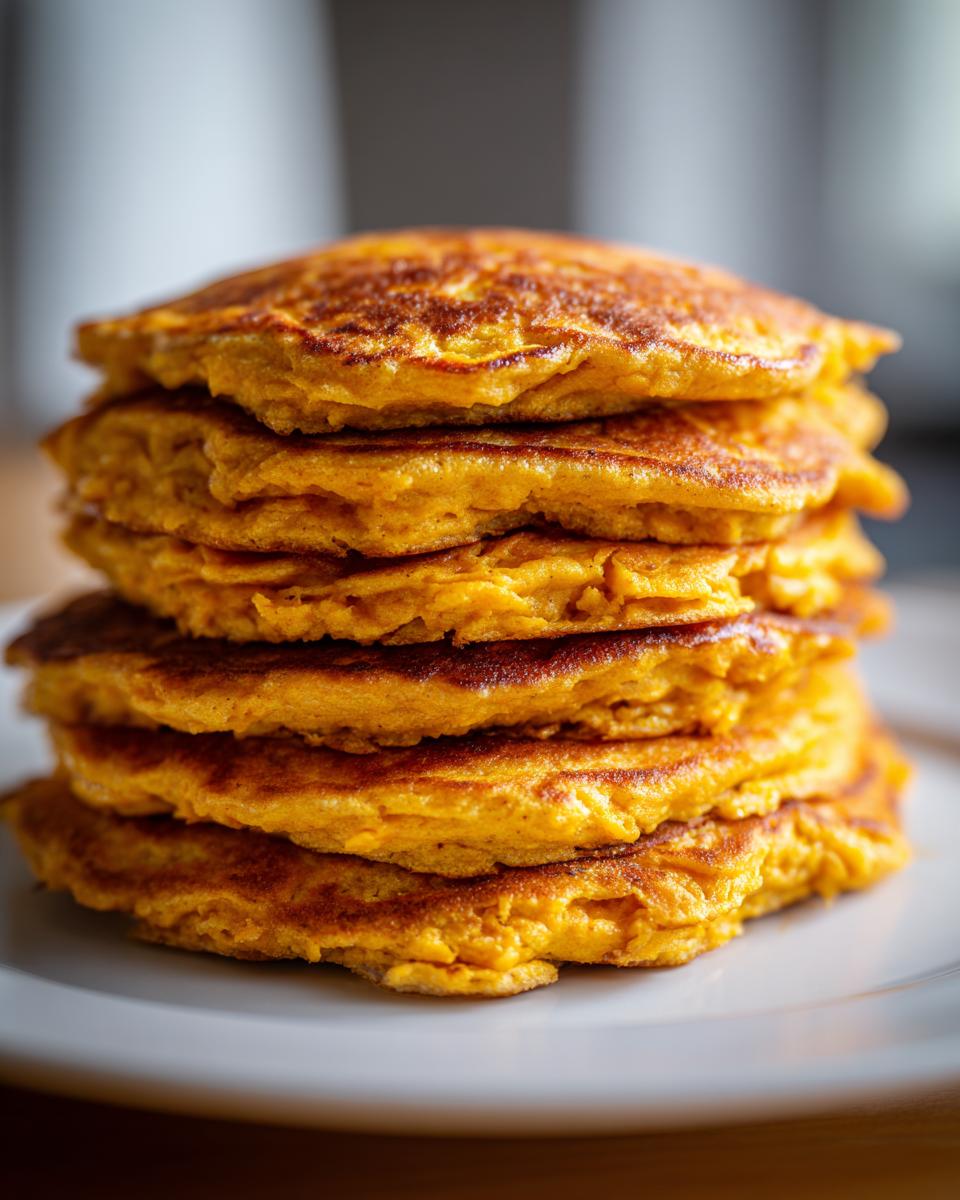 A stack of 8 golden-brown sweet potato oat pancakes, perfect for dogs.