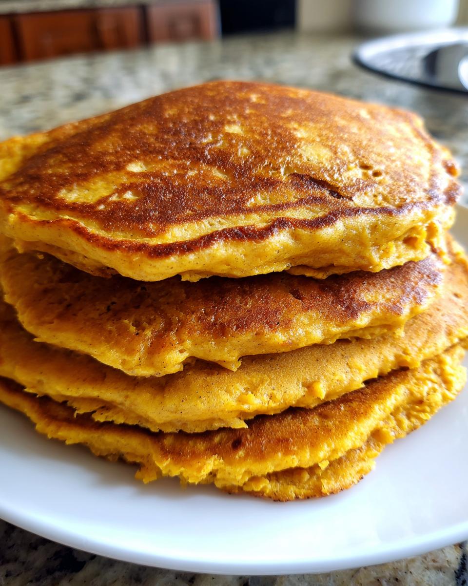 A stack of 8 Amazing Sweet Potato Oat Pancakes, perfect for dogs, with a golden-brown cooked surface.
