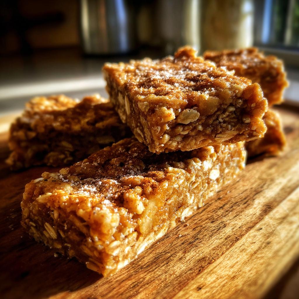 Close-up of Amazing Apple & Cinnamon Bars for Dogs, made with oats and sprinkled with cinnamon.