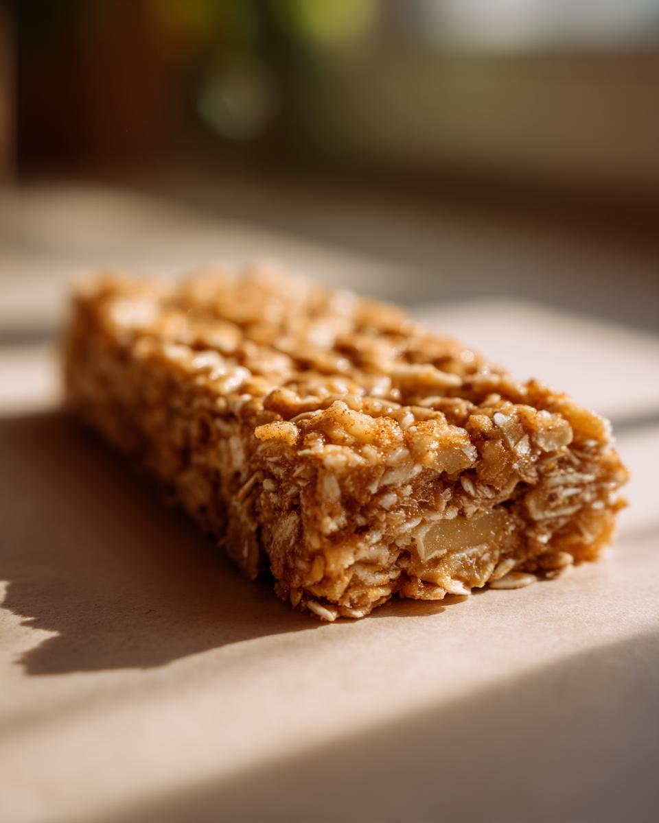 Close-up of an Amazing Apple & Cinnamon Bar for Dogs, showing oats, apple pieces, and cinnamon.