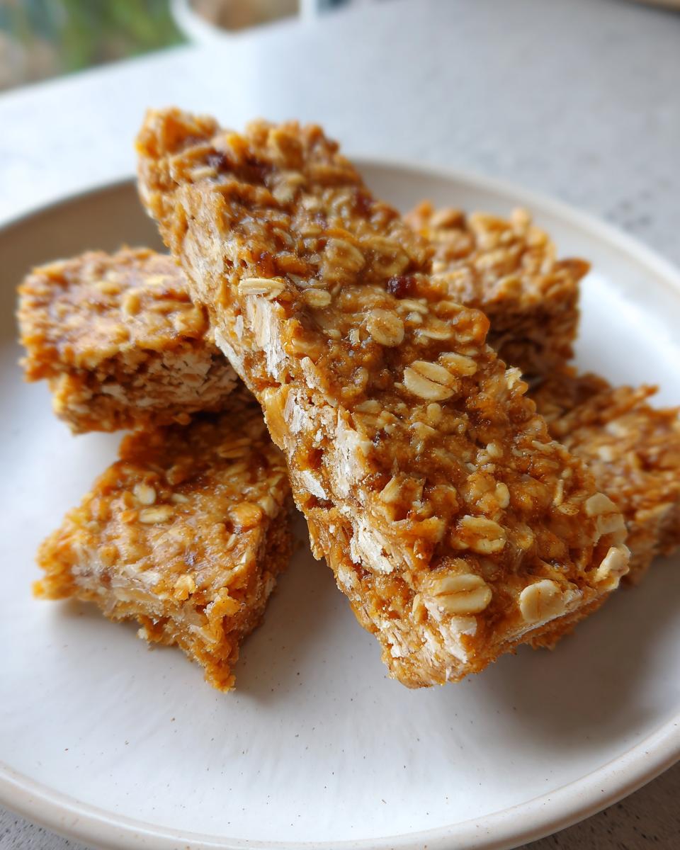 Close-up of several Amazing Apple Peanut Butter Bars for Dogs on a white plate, showing oats and peanut butter texture.