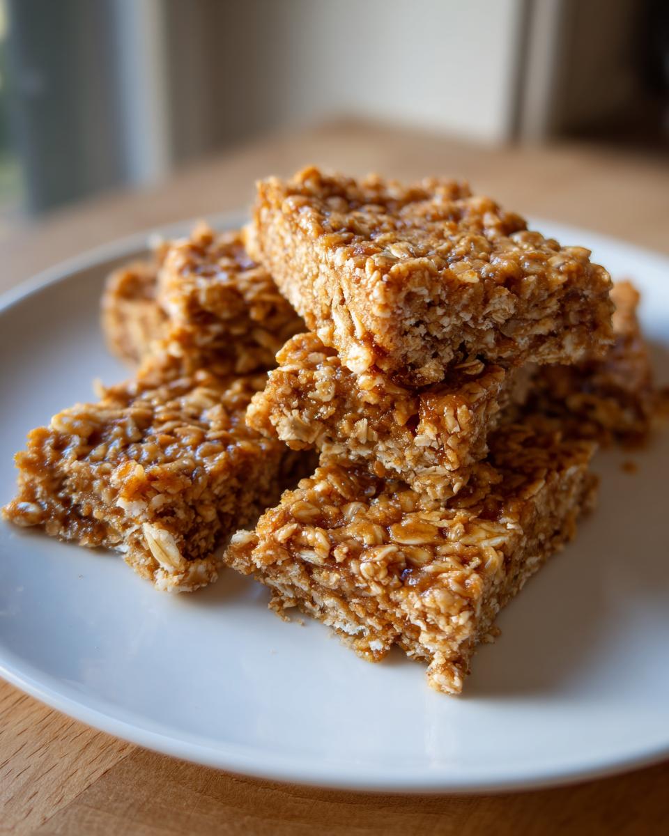 A stack of Amazing Apple Peanut Butter Bars for Dogs on a white plate, made with oats and a peanut butter glaze.