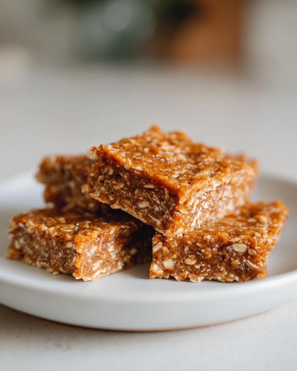 A stack of Amazing Apple Peanut Butter Bars for Dogs on a white plate, showing oats and peanut butter texture.