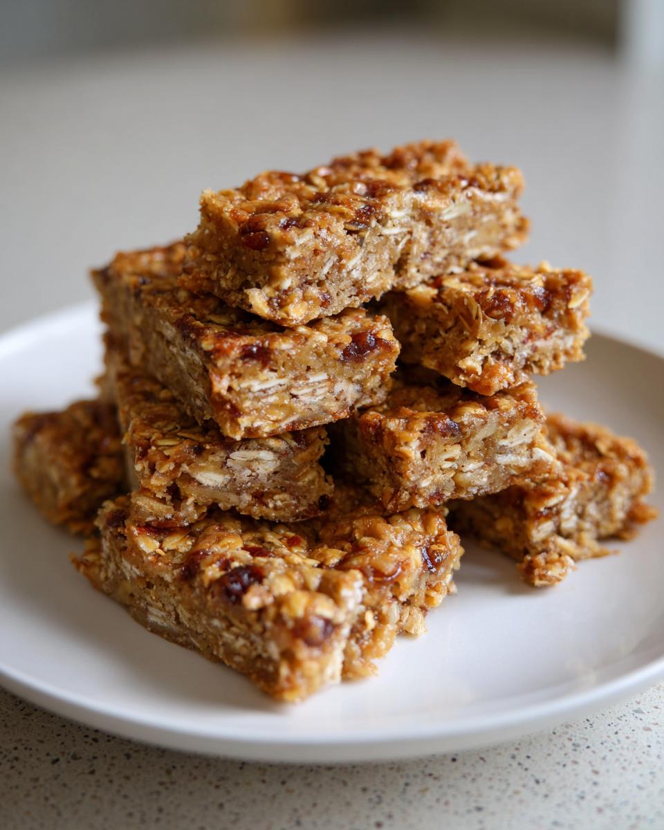 A stack of Amazing Apple Peanut Butter Bars for Dogs on a white plate, showing oats, dried fruit, and a peanut butter glaze.