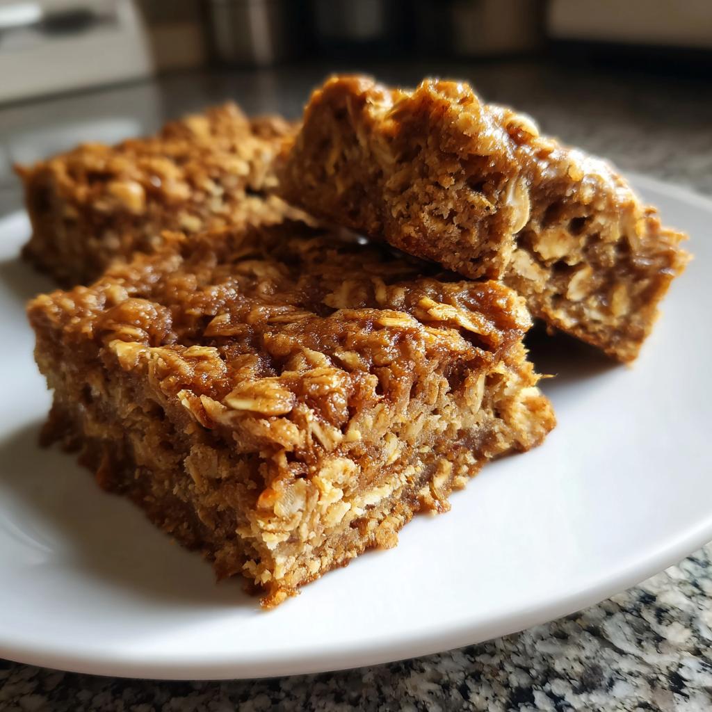 Close-up of three Amazing Apple Peanut Butter Bars for Dogs on a white plate, showing oats and a moist texture.