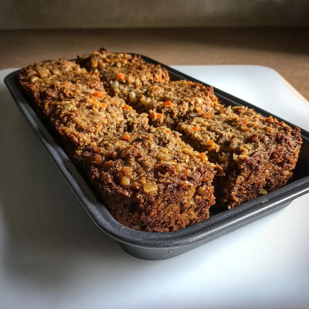 A freshly baked Amazing Beef & Brown Rice Loaf for Dogs in a loaf pan, showing texture and ingredients.