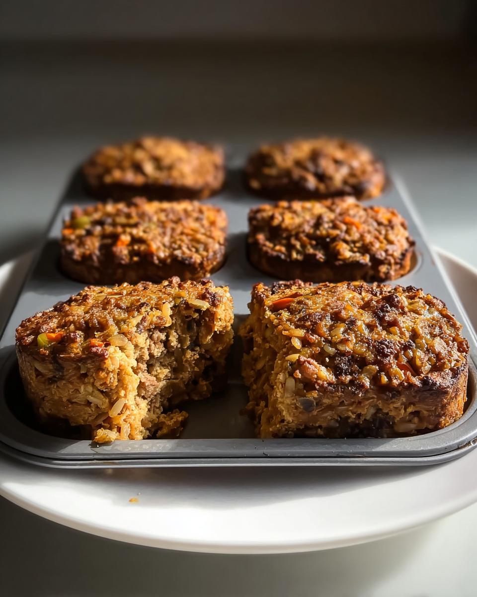 Close-up of baked Amazing Beef & Brown Rice Loaf portions in a muffin tin, showing texture and ingredients.