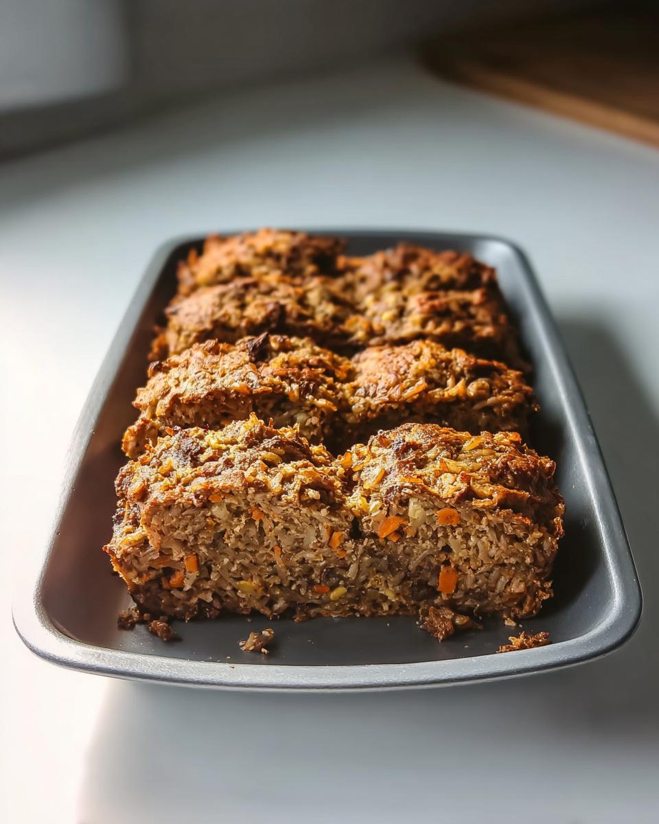 Close-up of sliced Amazing Beef & Brown Rice Loaf for Dogs in a baking pan, showing texture and ingredients.