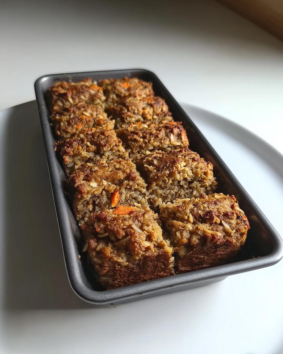 Close-up of a loaf pan filled with slices of Amazing Beef & Brown Rice Loaf for Dogs, with visible pieces of beef and rice.