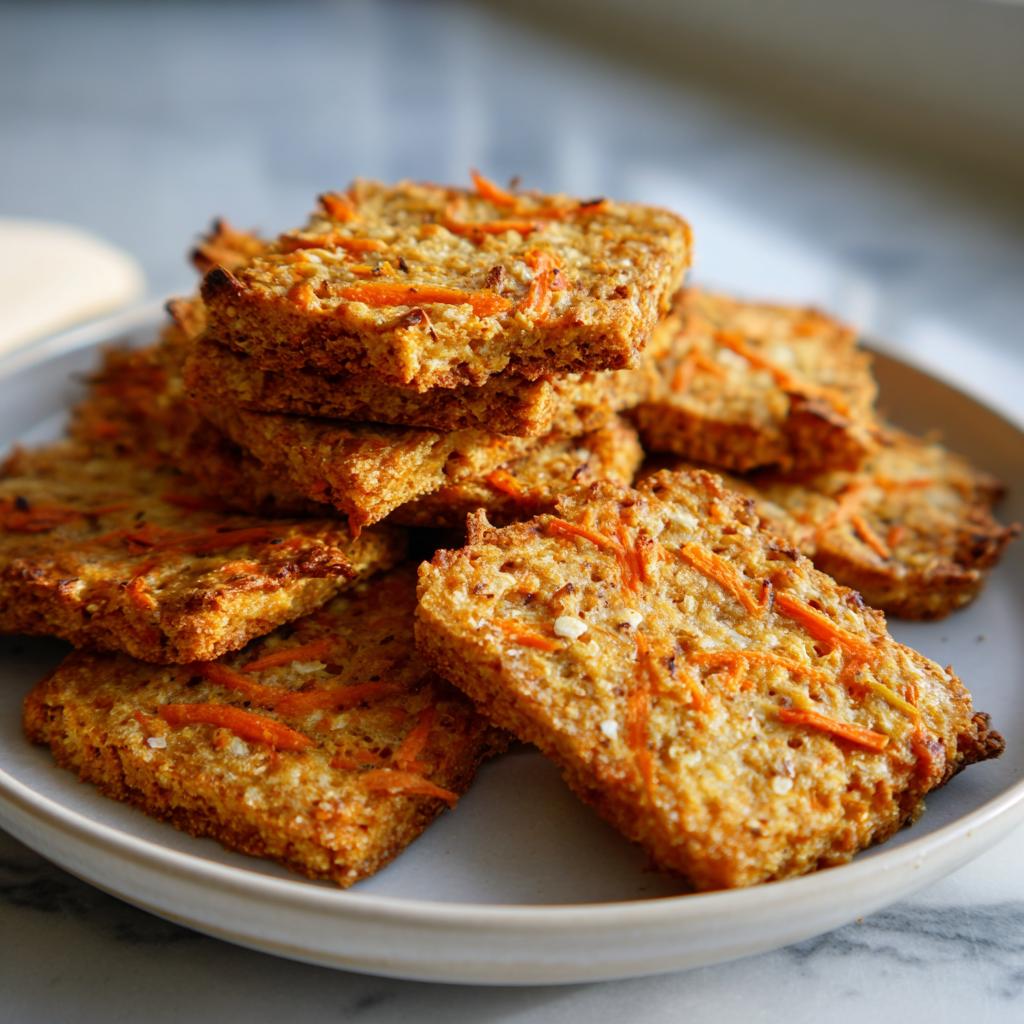 A stack of freshly baked Amazing Canine Cheese & Carrot Crackers, showing visible shredded carrots and a golden-brown crust.