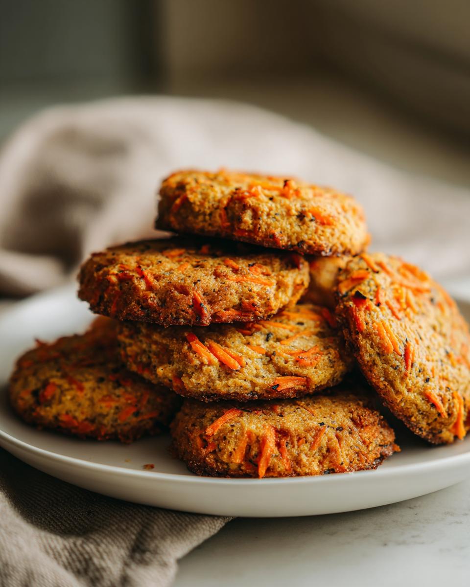 A stack of Amazing Canine Cheese & Carrot Crackers on a white plate, showing visible shredded carrots and a golden-brown baked texture.