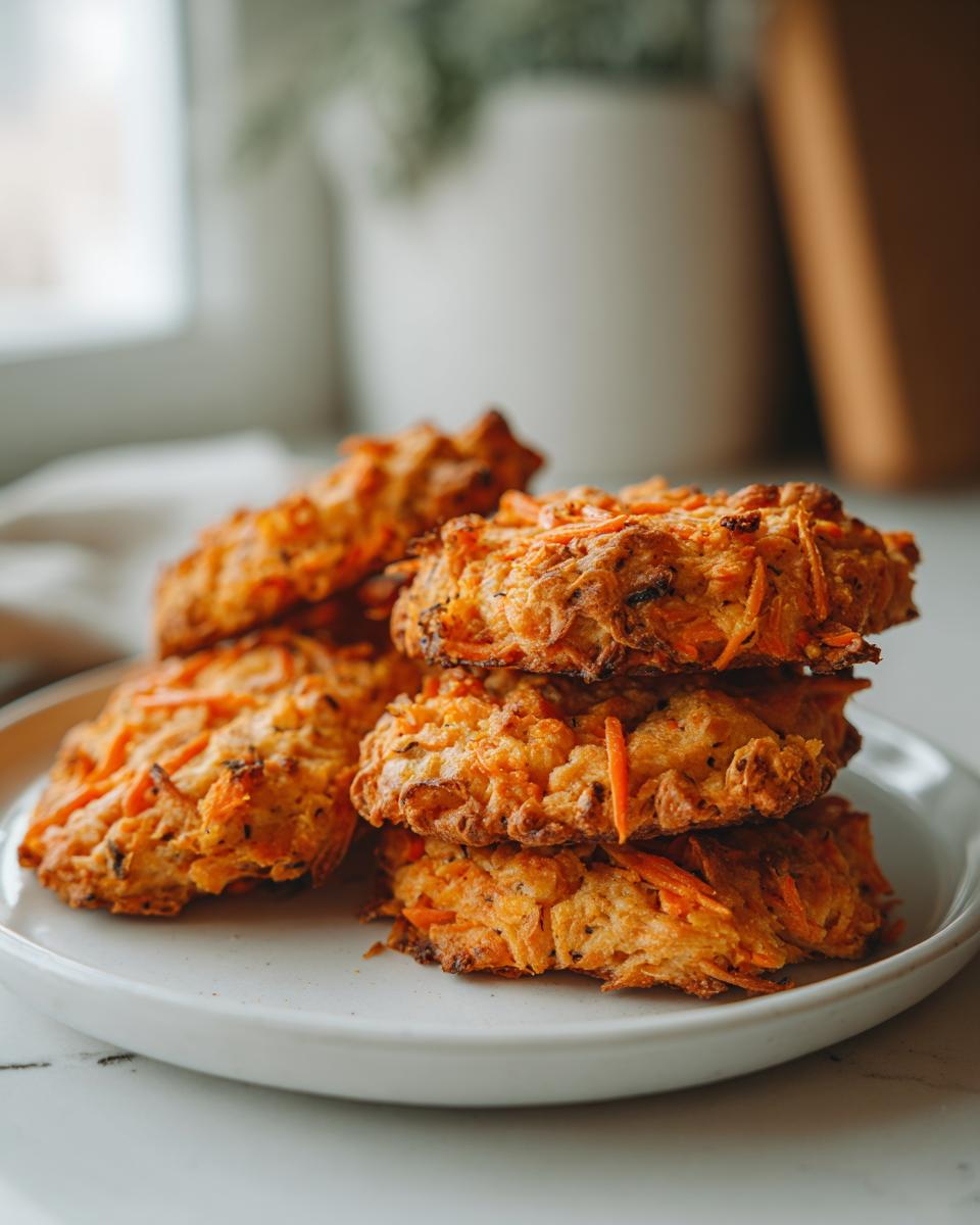 A stack of Amazing Canine Cheese & Carrot Crackers on a white plate, showcasing shredded carrots and golden-brown baked goodness.