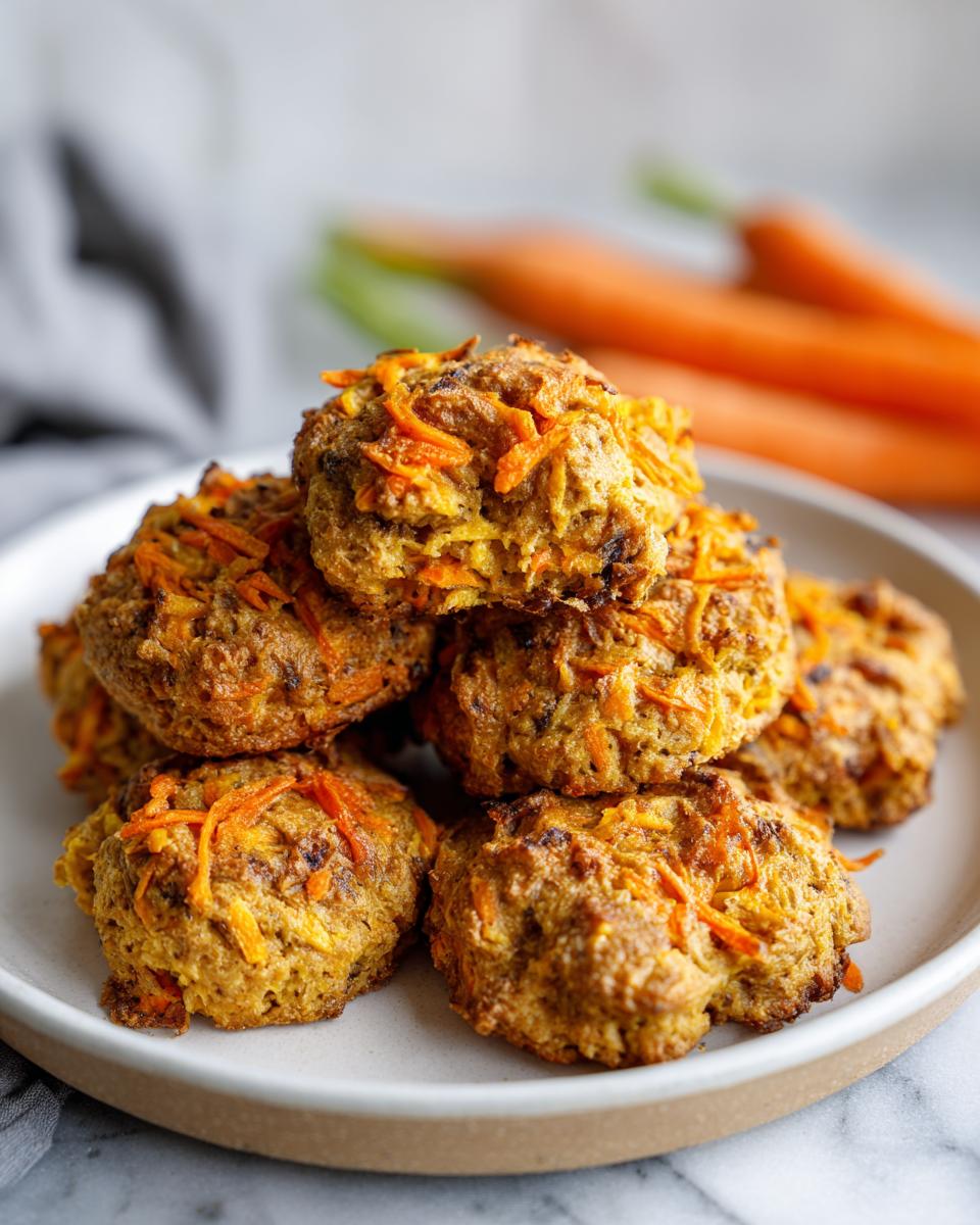 A stack of homemade Amazing Canine Cheese & Carrot Crackers, topped with shredded carrots.