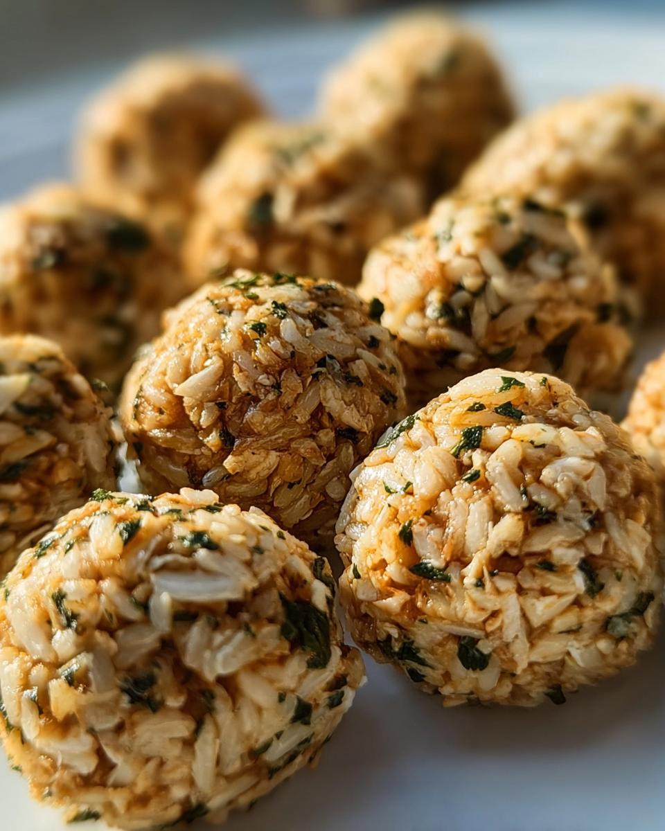 Close-up of delicious Amazing Chicken & Rice Energy Bites, small balls made with rice and herbs.
