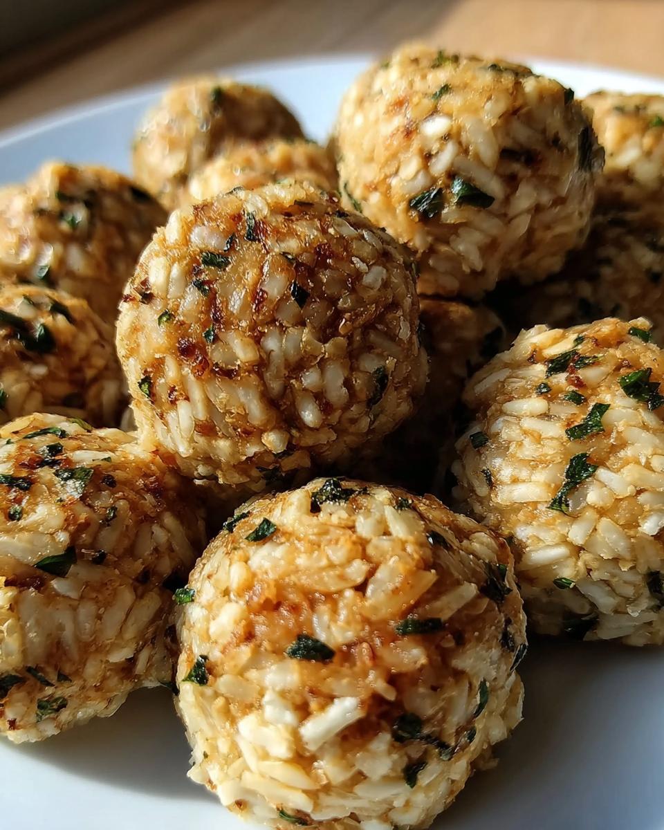 Close-up of a pile of Amazing Chicken & Rice Energy Bites, made with cooked rice and herbs.