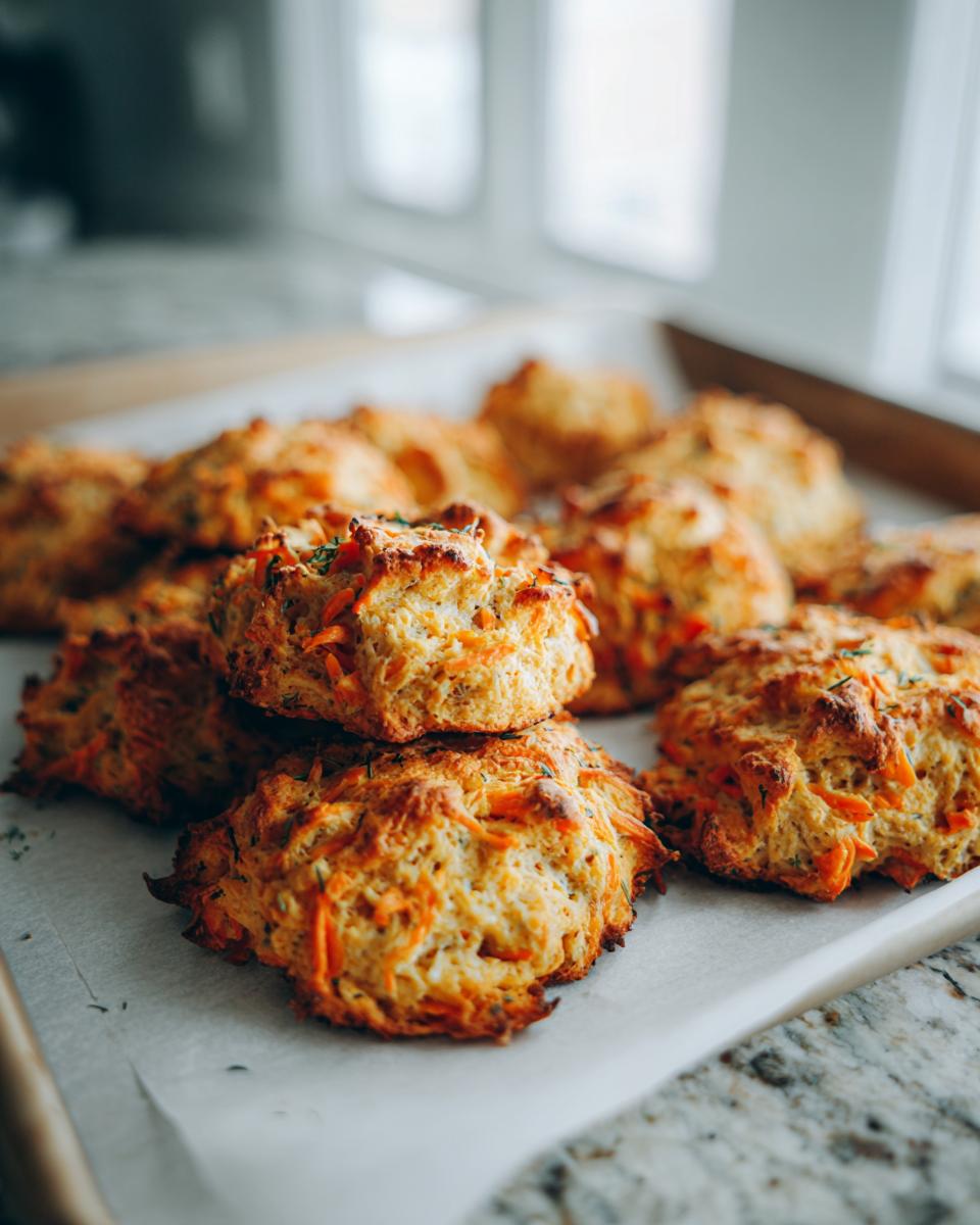 A close-up of freshly baked Amazing Salmon Carrot Biscuits, showing visible shredded carrots and herbs.