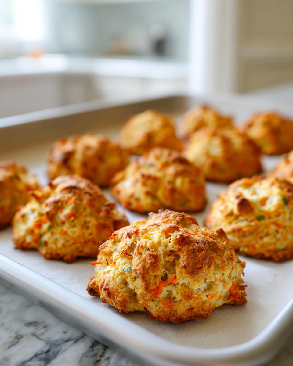 Close-up of freshly baked Amazing Salmon Carrot Biscuits on a baking sheet, showing visible carrot shreds.