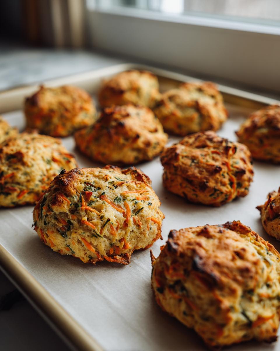 A baking sheet filled with golden brown Amazing Salmon Carrot Biscuits, showing visible shreds of carrot and herbs.