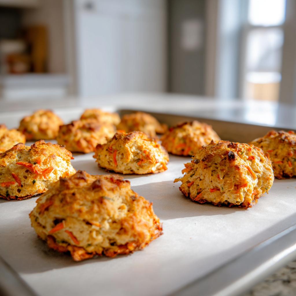 A baking sheet filled with freshly baked Amazing Salmon Carrot Biscuits, golden brown and studded with orange carrot shreds.