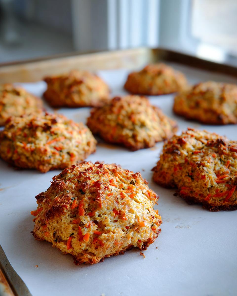 Close-up of freshly baked Amazing Salmon Carrot Biscuits, showing visible shredded carrots and a golden-brown crust.