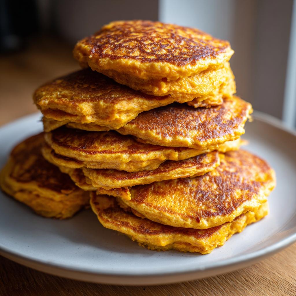 A stack of golden-brown Amazing Sweet Potato Oat Pancakes, perfect for dogs.