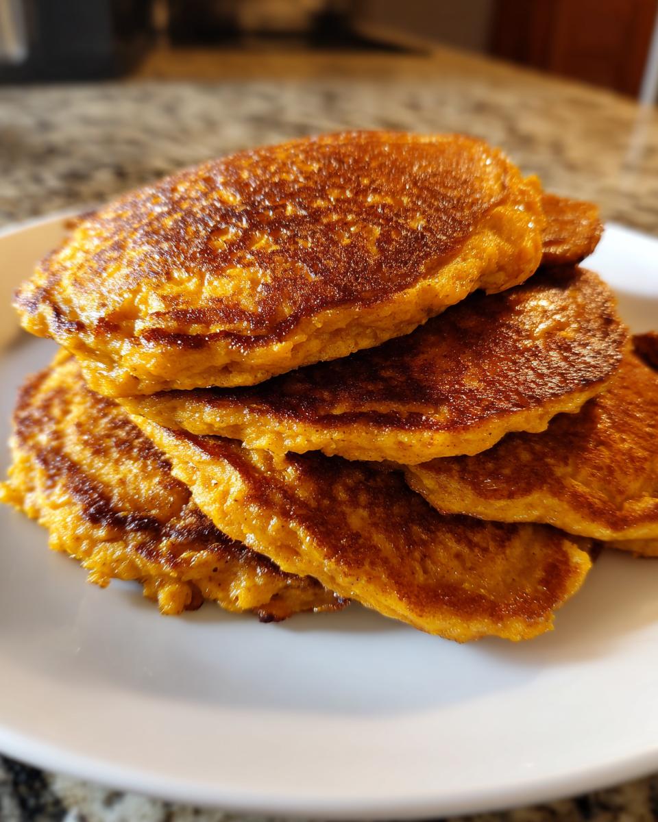 A stack of golden-brown Amazing 8 Sweet Potato Oat Pancakes for Dogs, served on a white plate.