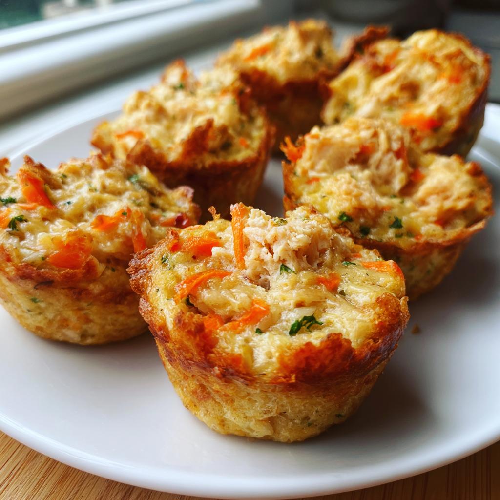 Close-up of Amazing Tuna Veggie Muffins for Dogs on a white plate, showing shredded carrots and tuna.