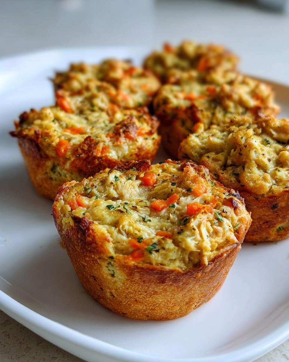 Close-up of freshly baked Amazing Tuna Veggie Muffins for Dogs, showing visible chunks of tuna, carrots, and herbs.