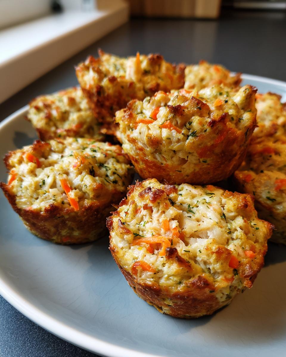 A close-up of a pile of Amazing Tuna Veggie Muffins for Dogs, showing visible pieces of tuna and shredded carrots.