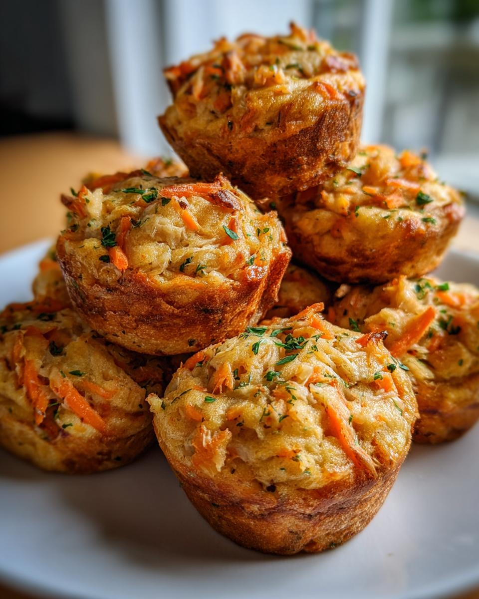 A stack of golden-brown Amazing Tuna Veggie Muffins for Dogs, sprinkled with chopped parsley and visible shredded carrots.
