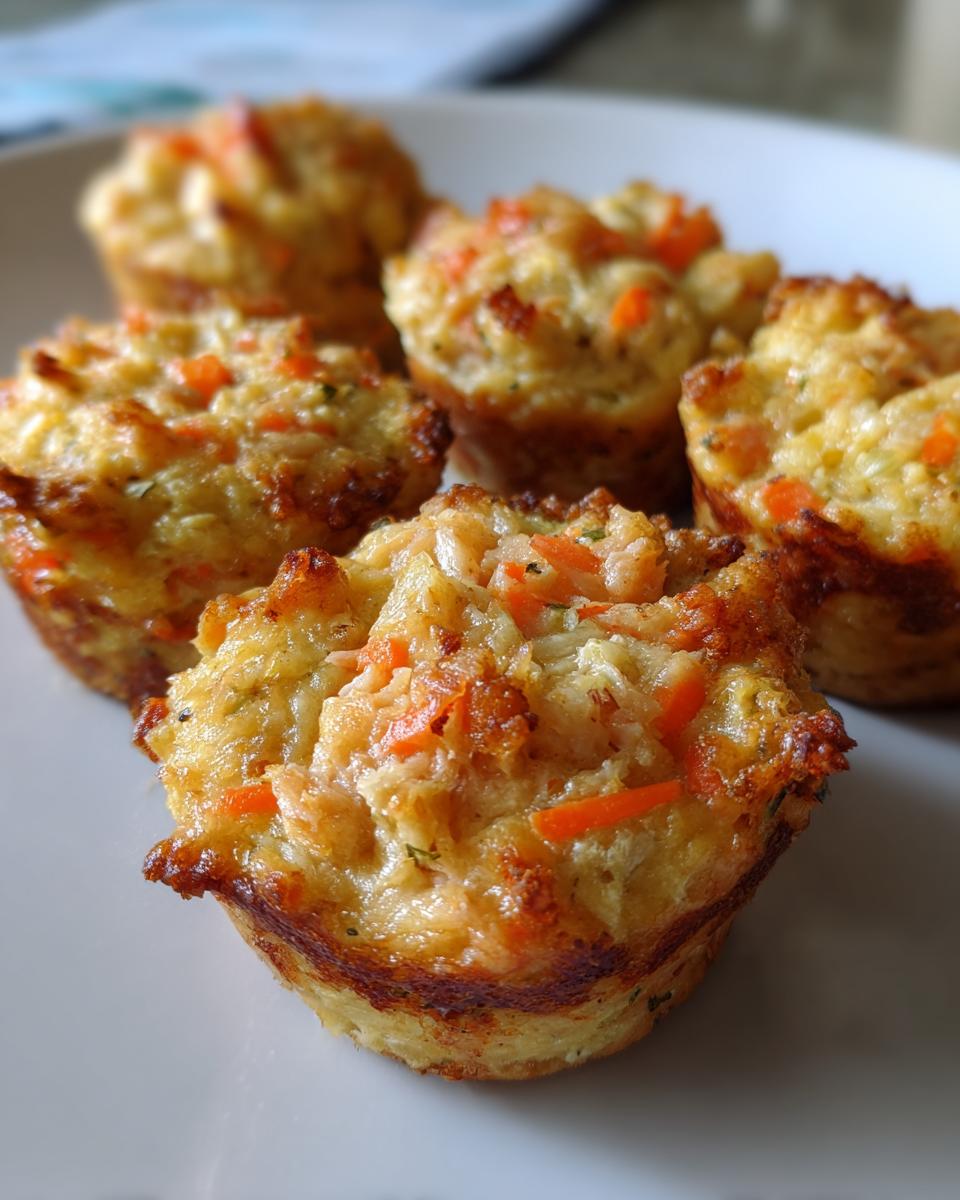 Close-up of several Amazing Tuna Veggie Muffins for Dogs on a white plate, showing visible carrots and herbs.