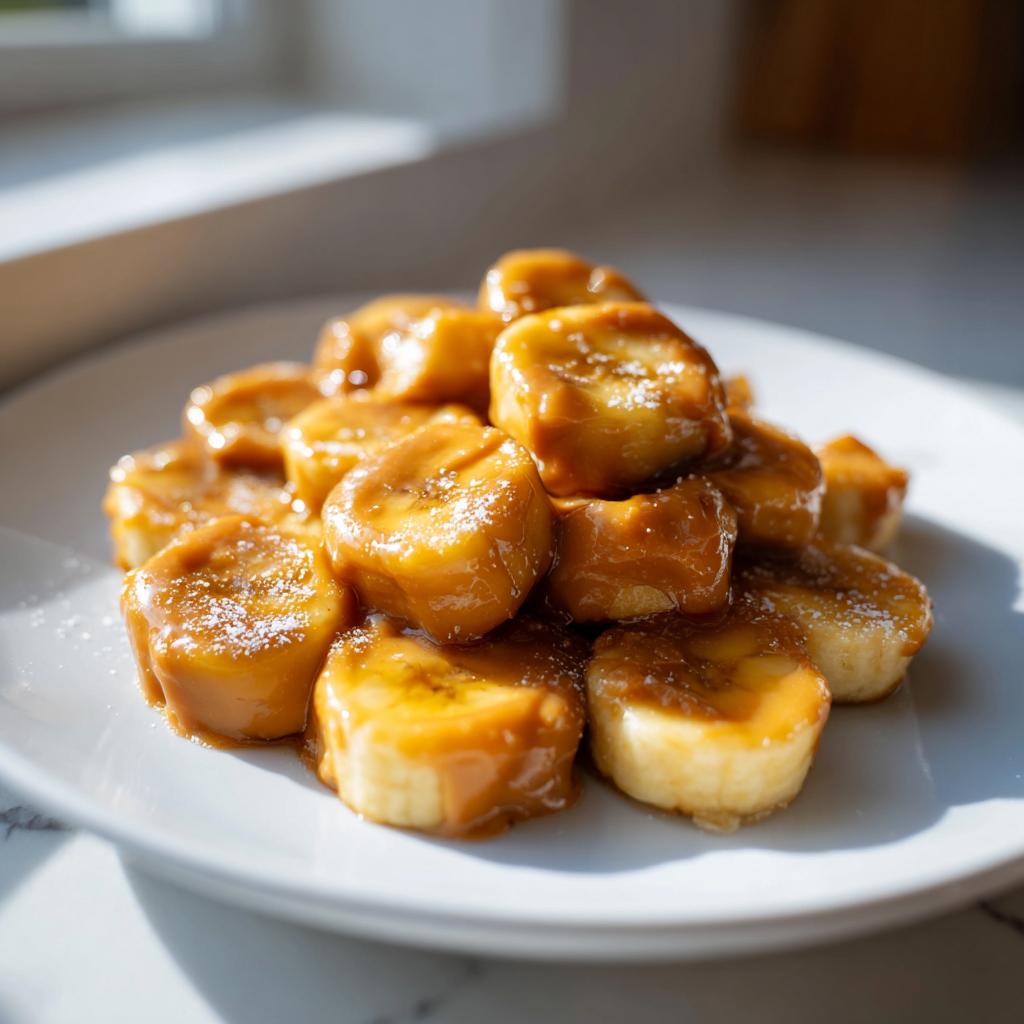 Close-up of Easy 2-Ingredient Frozen Banana PB Bites for Dogs, a stack of banana slices coated in peanut butter.