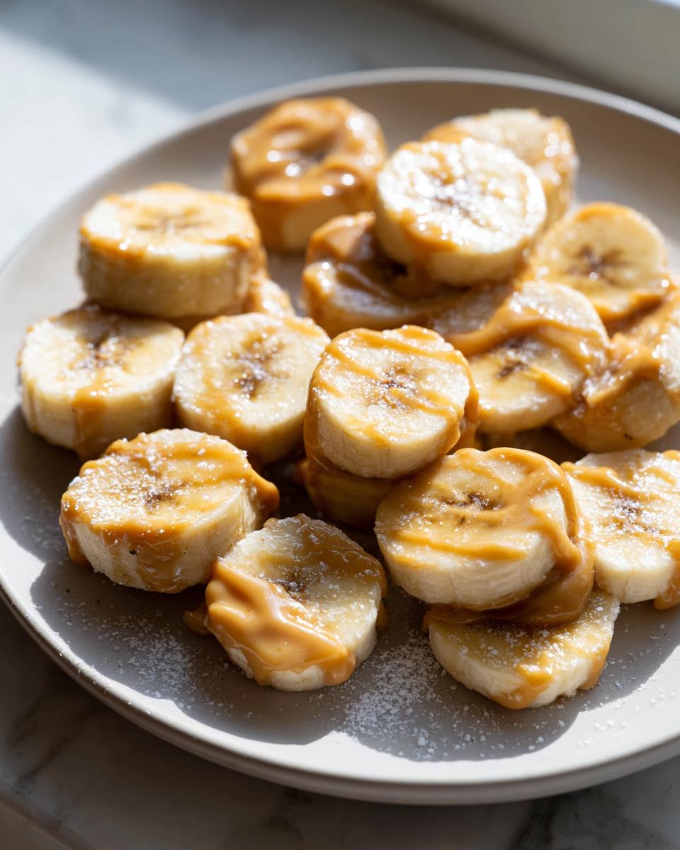 Close-up of Easy 2-Ingredient Frozen Banana PB Bites for Dogs on a plate, drizzled with peanut butter.
